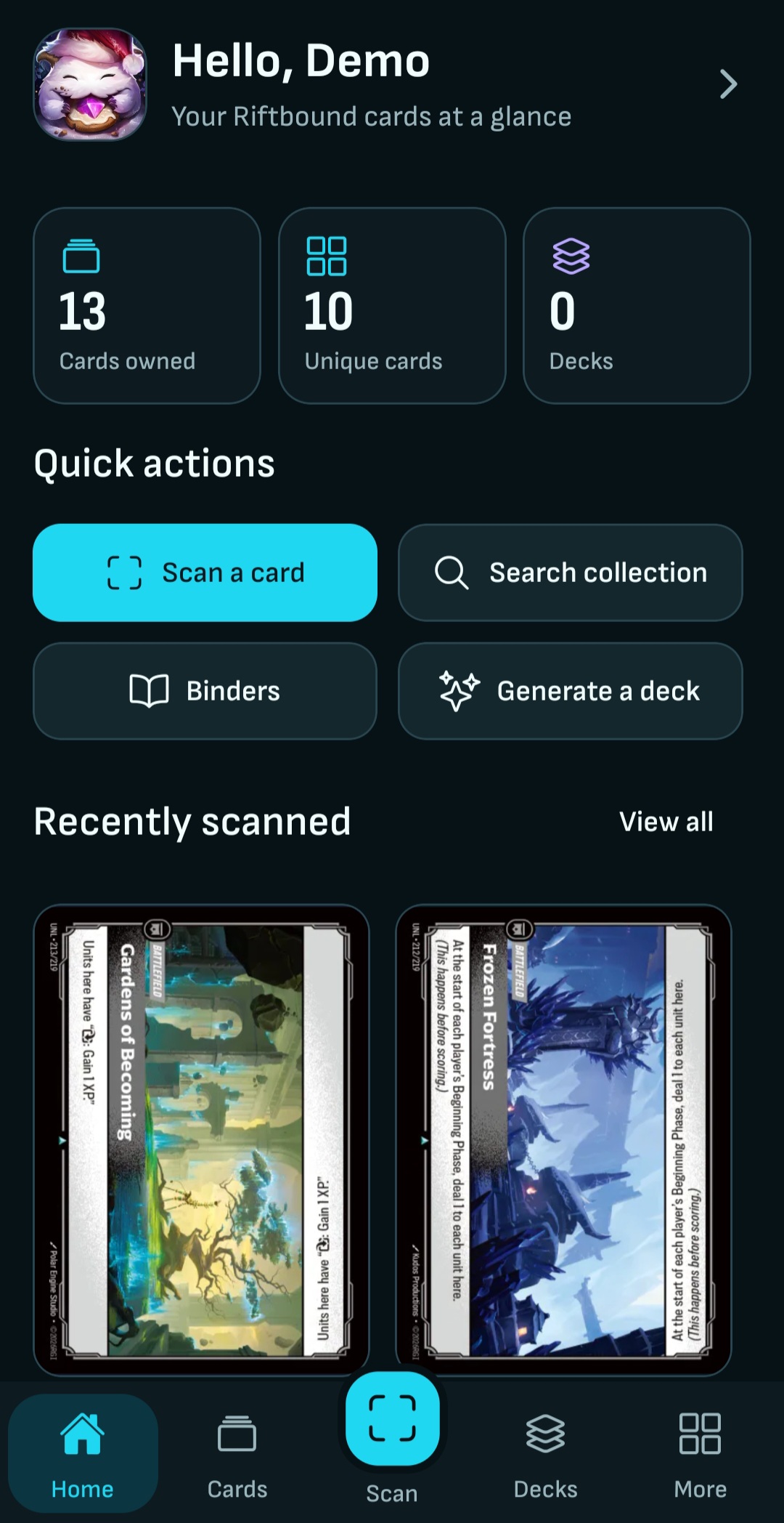 Riftarc home showing cards owned and recently scanned cards