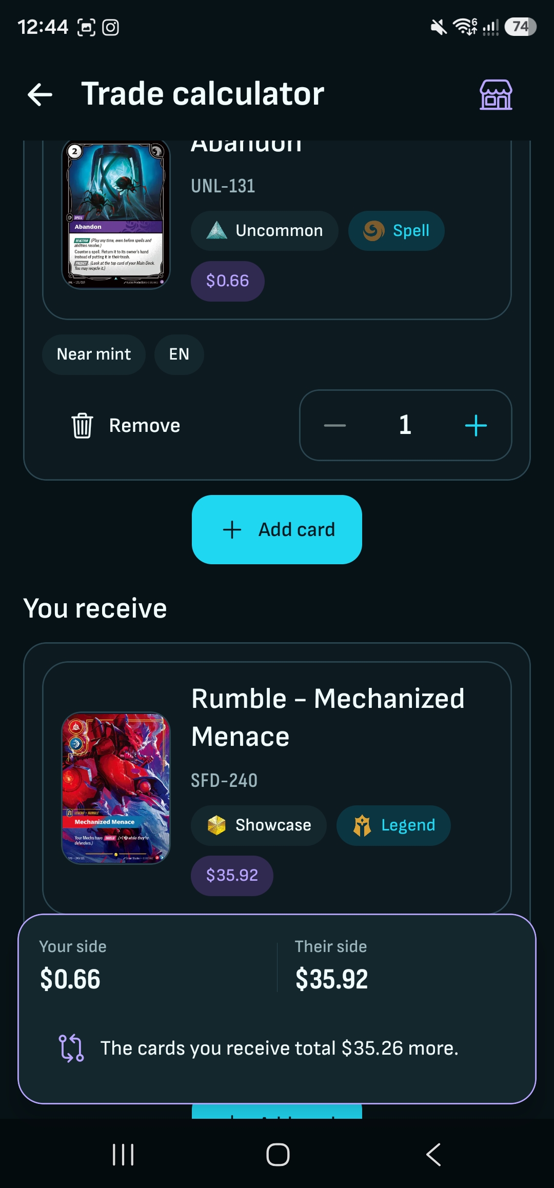 Riftarc trade calculator showing both sides of an offer